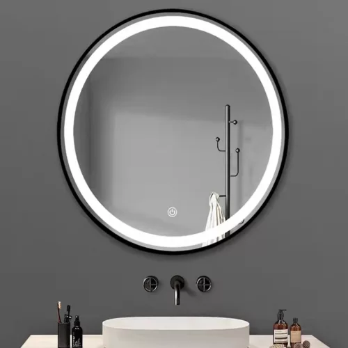 TMP IRON fürdőszoba tükör - FEKETE keret - kerek - LED világítással - érintésmentes kapcsoló - 80 cm