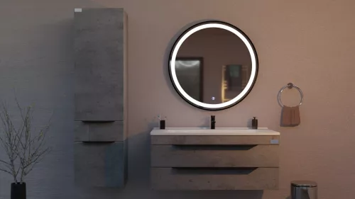 TMP IRON fürdőszoba tükör - FEKETE keret - kerek - LED világítással - érintésmentes kapcsoló - 80 cm