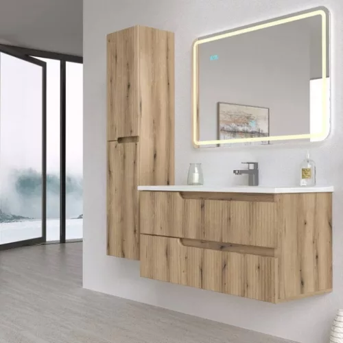 Piramida EURIDIKA fali fürdőszobabútor - műmárvány mosdóval -2 fiókos - PINO TÖLGY - 100 x 48 x 53 cm