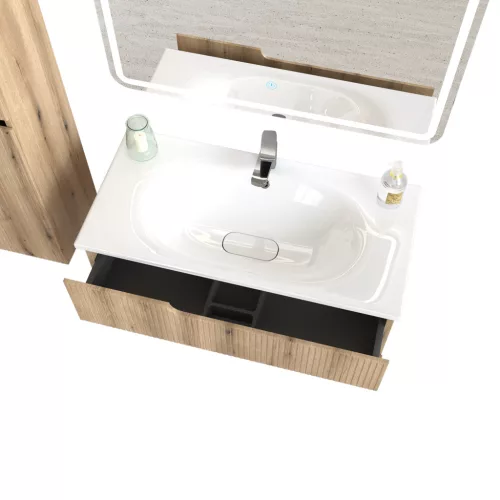 Piramida EURIDIKA fali fürdőszobabútor - műmárvány mosdóval -2 fiókos - PINO TÖLGY - 100 x 48 x 53 cm