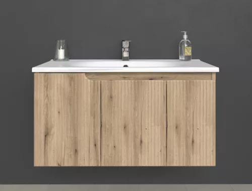 Piramida EURIDIKA fali fürdőszobabútor - műmárvány mosdóval -3 ajtós - PINO TÖLGY - 100 x 48 x 53 cm