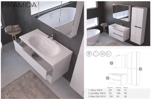 Piramida EURIDIKA fali fürdőszobabútor - műmárvány mosdóval - 2 fiókos - 100 x 48 x 53 cm