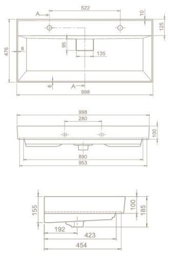 TMP LUX 100D fali fürdőszobabútor - CeraStyle SHARP 37600 DUPLA csaplyukas mosdóval - 100 x 48 cm