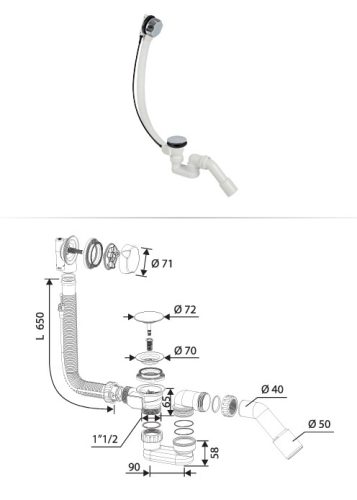 CR kádszifon - KRÓM - Automata leeresztővel - KRÓM túlfolyóval - 55 cm x 40/50mm
