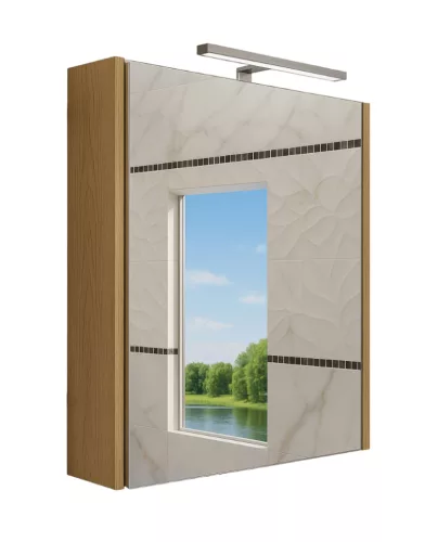 Piramida AKVA Tükrös fürdőszobai szekrény - LED világítással - FEHÉR-TÖLGY - 60 x 69 x 15 cm