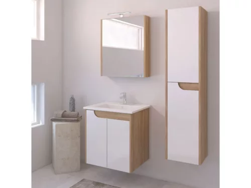 Piramida AKVA Tükrös fürdőszobai szekrény - LED világítással - FEHÉR-TÖLGY - 60 x 69 x 15 cm