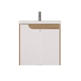   Piramida EURIDIKA fali fürdőszobabútor - műmárvány mosdóval -2 ajtós - FEHÉR-TÖLGY - 60 x 46 x 62 cm