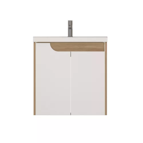 Piramida EURIDIKA fali fürdőszobabútor - műmárvány mosdóval -2 ajtós - FEHÉR-TÖLGY - 60 x 46 x 62 cm