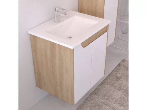 Piramida EURIDIKA fali fürdőszobabútor - műmárvány mosdóval -2 ajtós - FEHÉR-TÖLGY - 60 x 46 x 62 cm