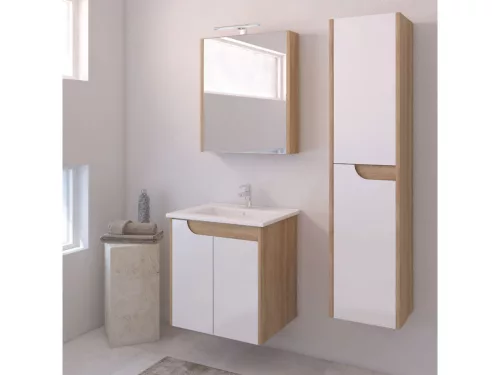 Piramida EURIDIKA fali fürdőszobabútor - műmárvány mosdóval -2 ajtós - FEHÉR-TÖLGY - 60 x 46 x 62 cm