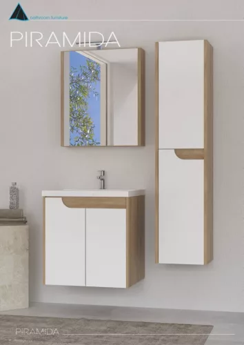Piramida EURIDIKA fali fürdőszobabútor - műmárvány mosdóval -2 ajtós - FEHÉR-TÖLGY - 60 x 46 x 62 cm