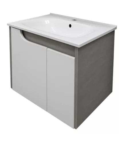 Piramida EURIDIKA fali fürdőszobabútor - műmárvány mosdóval -2 ajtós - FEHÉR-SZÜRKE - 65 x 48 x 62 cm