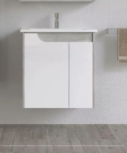 Piramida EURIDIKA fali fürdőszobabútor - műmárvány mosdóval -2 ajtós - FEHÉR-SZÜRKE - 65 x 48 x 62 cm