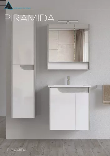 Piramida EURIDIKA fali fürdőszobabútor - műmárvány mosdóval -2 ajtós - FEHÉR-SZÜRKE - 65 x 48 x 62 cm