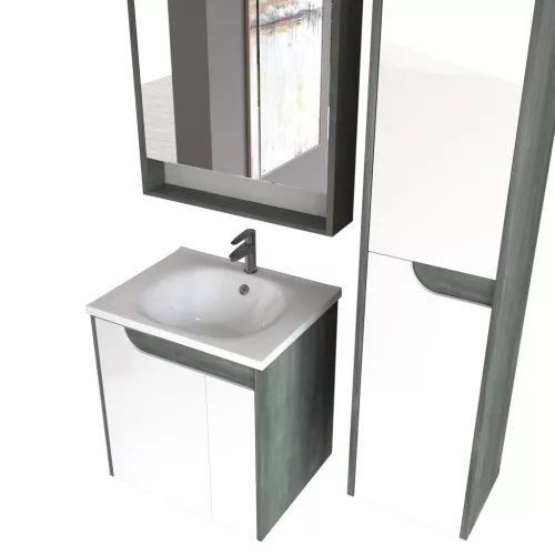 Piramida EURIDIKA fali fürdőszobabútor - műmárvány mosdóval -2 ajtós - FEHÉR-SÖTÉT - 65 x 48 x 62 cm