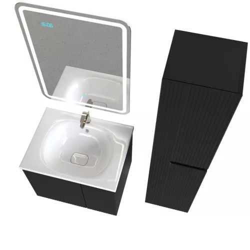 Piramida EURIDIKA fali fürdőszobabútor - műmárvány mosdóval -2 ajtós - PINO FEKETE - 65 x 48 x 53 cm