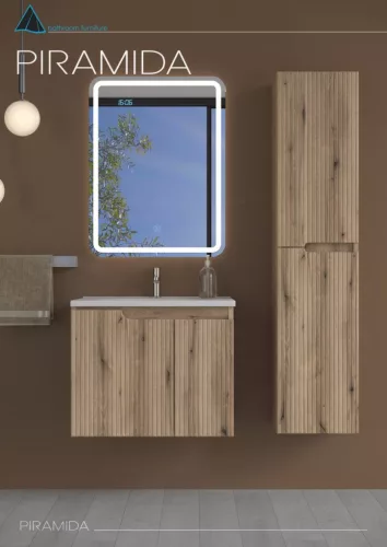 Piramida EURIDIKA fali fürdőszobabútor - műmárvány mosdóval -2 ajtós - PINO TÖLGY - 65 x 48 x 53 cm