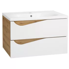   Piramida EURIDIKA fali fürdőszobabútor - műmárvány mosdóval -2 fiókos -ALPINFEHÉR-TÖLGY -75x48x55 cm