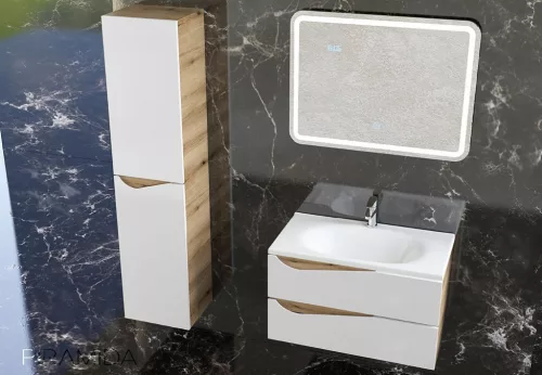 Piramida EURIDIKA fali fürdőszobabútor - műmárvány mosdóval -2 fiókos - ALPINFEHÉR-TÖLGY - 75 x 48 x 55 cm