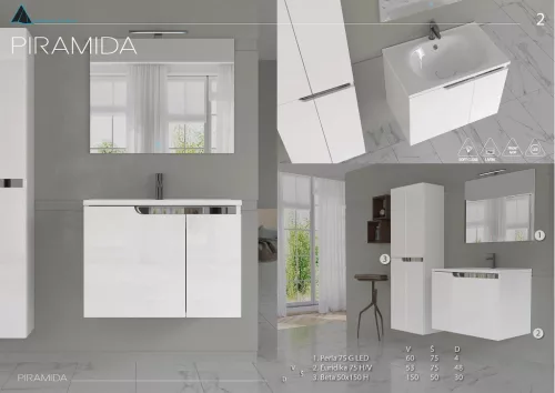 Piramida EURIDIKA fali fürdőszobabútor - műmárvány mosdóval -2 ajtós - 75 x 48 x 53 cm