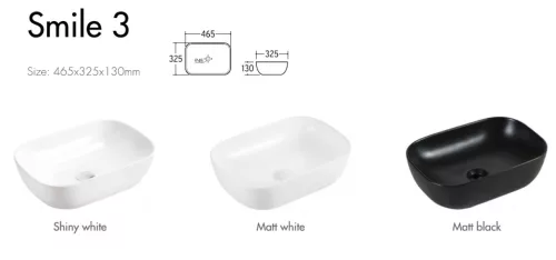 Eros SMILE 3 - PULTRA ültethető - Top Counter - porcelán mosdó - MATT FEHÉR - 46,5 x 32,5 x 13 cm