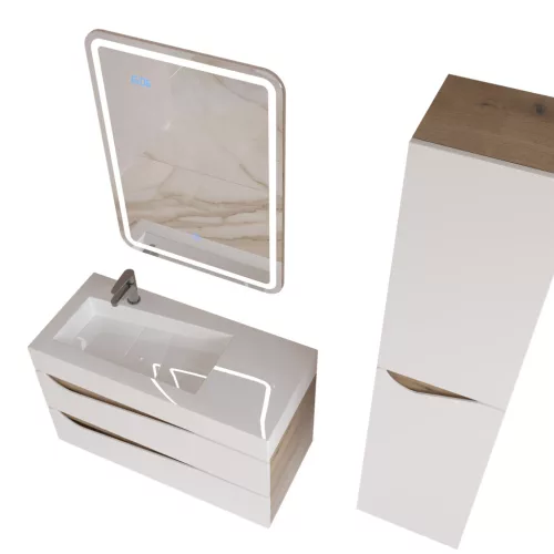 Piramida EURIDIKA fali fürdőszobabútor - műmárvány mosdóval -2 fiókos - ALPINFEHÉR-TÖLGY - 90 x 41 x 56 cm