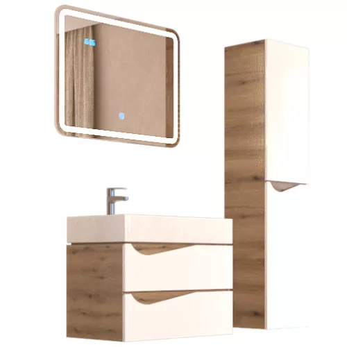 Piramida EURIDIKA fali fürdőszobabútor - műmárvány mosdóval -2 fiókos - ALPINFEHÉR-TÖLGY - 90 x 41 x 56 cm