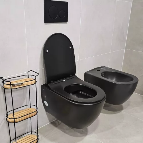 CeraStyle CITY fali WC - MATT FEKETE - BEÉPÍTETT bidé funkcióval - perem nélküli - 53 cm