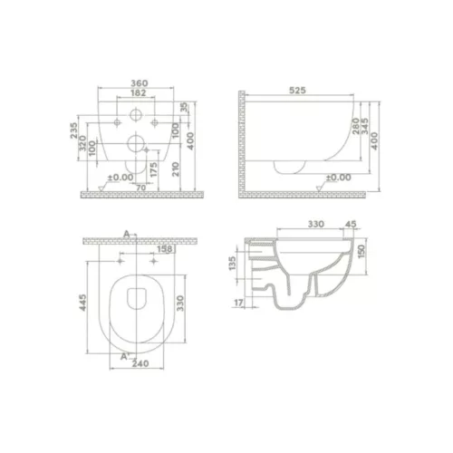 CeraStyle BELLA fali WC - perem nélküli - rimless - VORTEX örvényöblítéssel - 53 cm