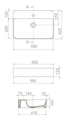 CeraStyle HERA - PULTRA ültethető - Top Counter - porcelán mosdó - 60 x 42 cm