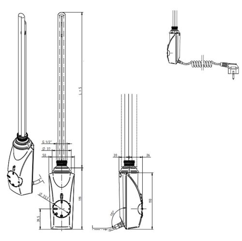 Birossi fűtőbetét törölközőszárító radiátorhoz - termosztátos - króm - 300 Watt 