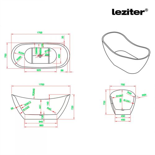 Flow szabadon álló fürdőkád fekete - 170 X 75 cm