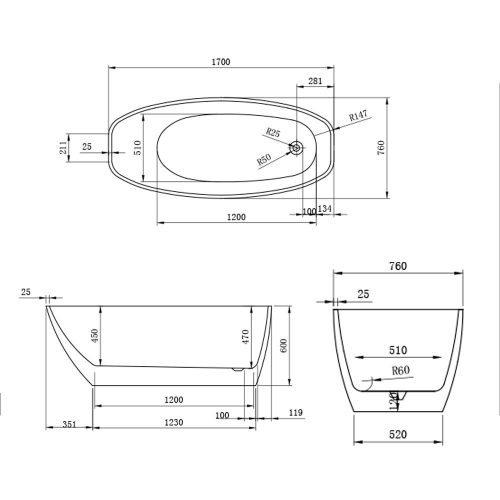 Riva szabadon álló fürdőkád - 170x76x60 cm