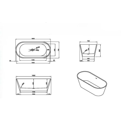 Noa szabadon álló fürdőkád - 160x75x56 cm
