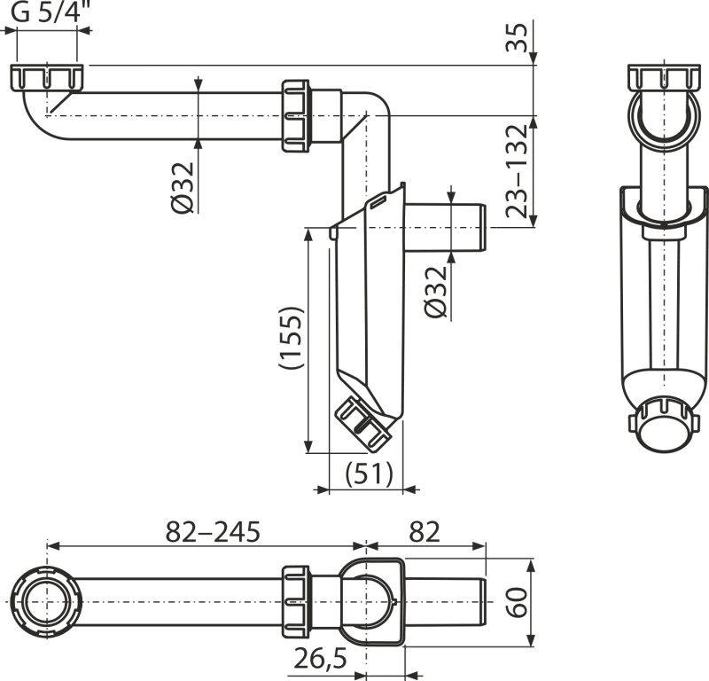Alcaplast A43S-DN32 méretrajz és műszaki méretek