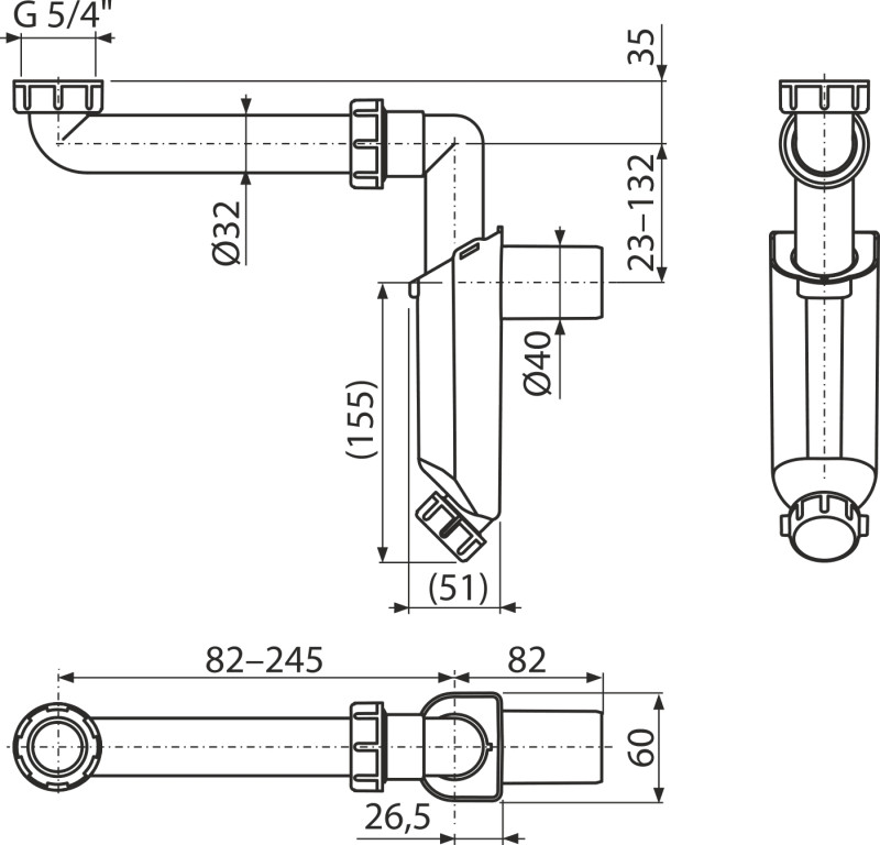 Alcaplast A43S-DN40 méretrajz és műszaki méretek